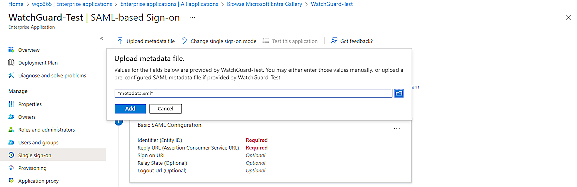 Screenshot of Microsoft Entra ID, upload metadata file
